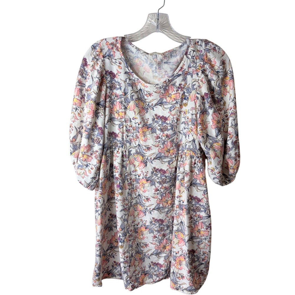 Ava James Floral Linen Blend Puff Sleeve Mini Dress Large Cottagecore Milkmaid